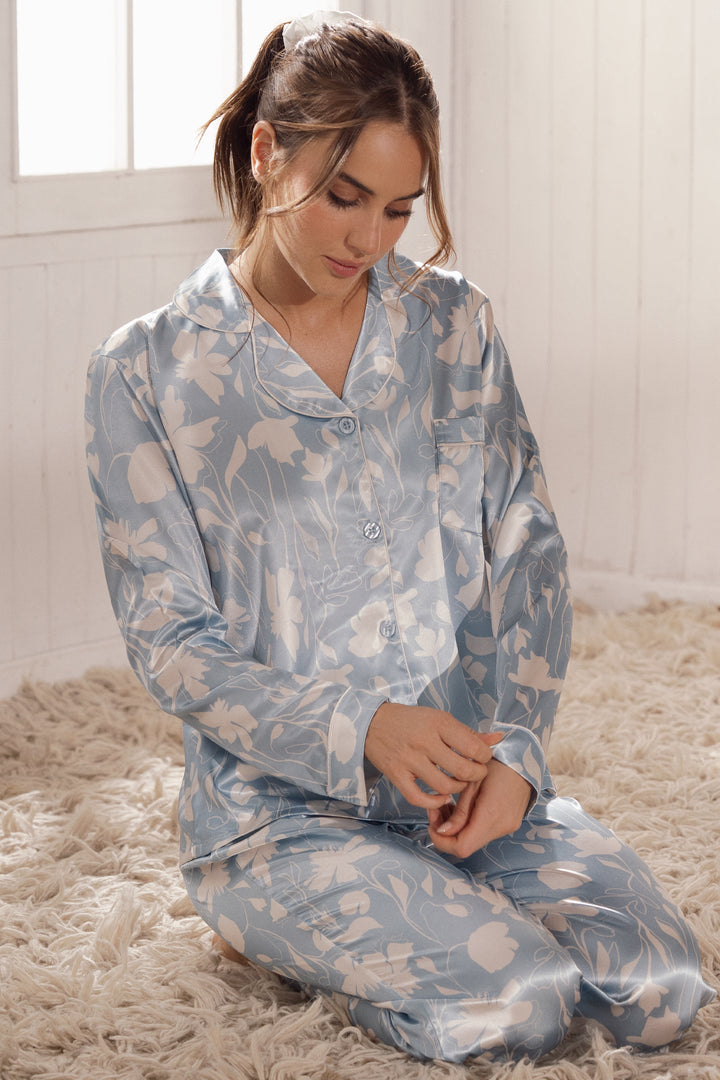 Pijama Mujer en Satín Azul 23105 – Mayoristas ATINA y PROVÓCAME